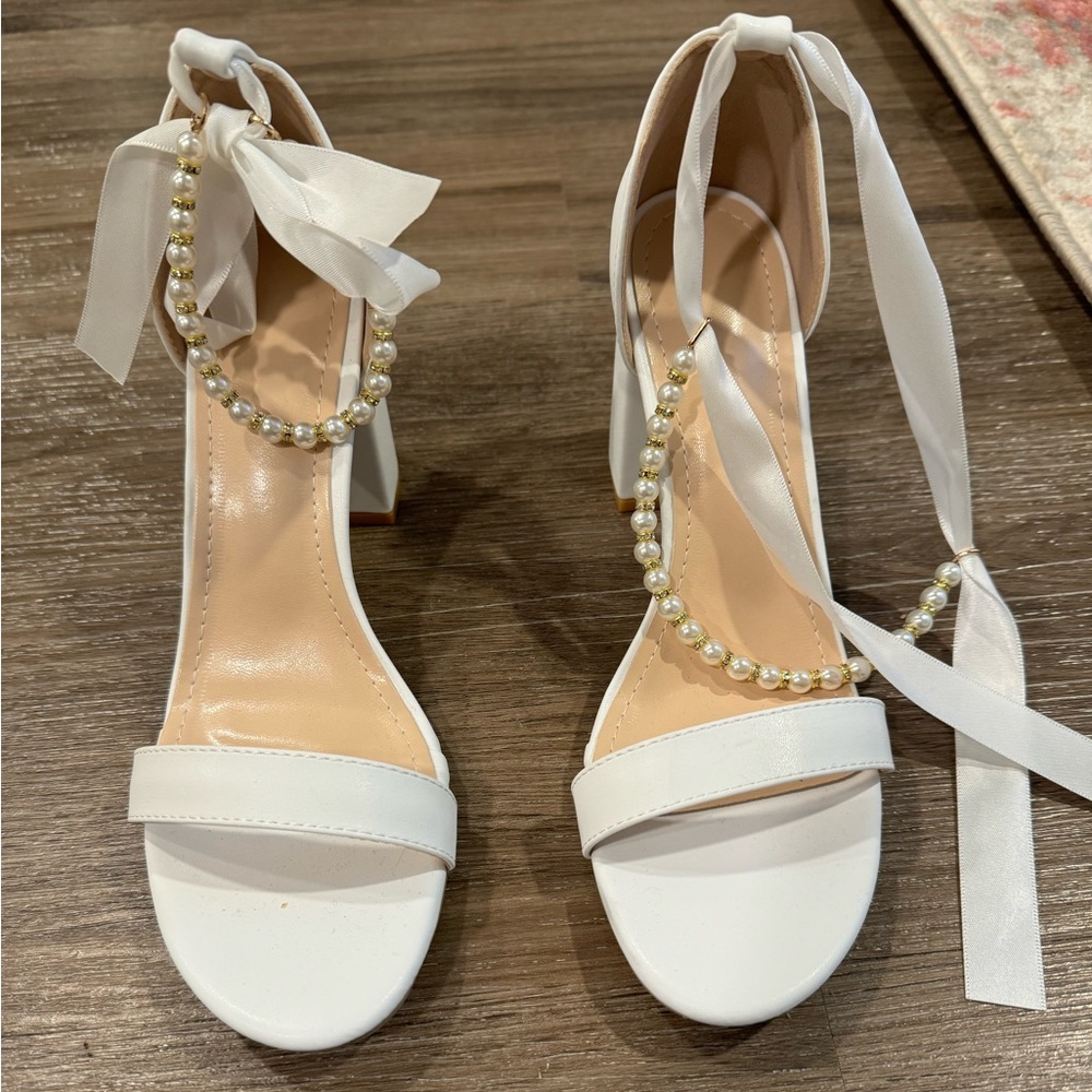 Shein White Heels with Pearl Ankle Straps